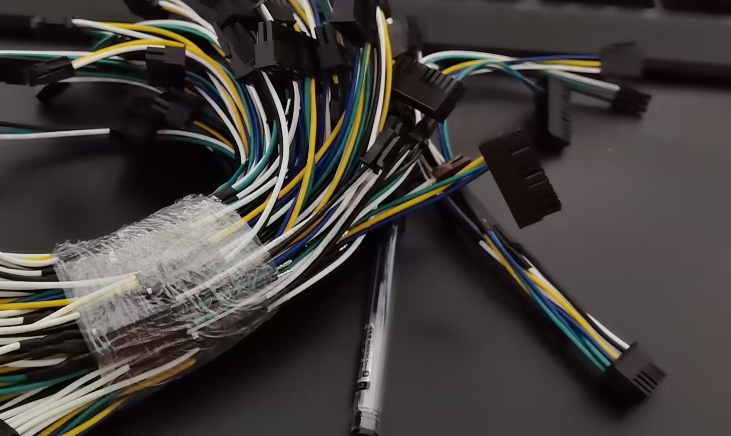 Fotografia do projeto com fios multicoloridos agrupados e carcaças de conectores pretas