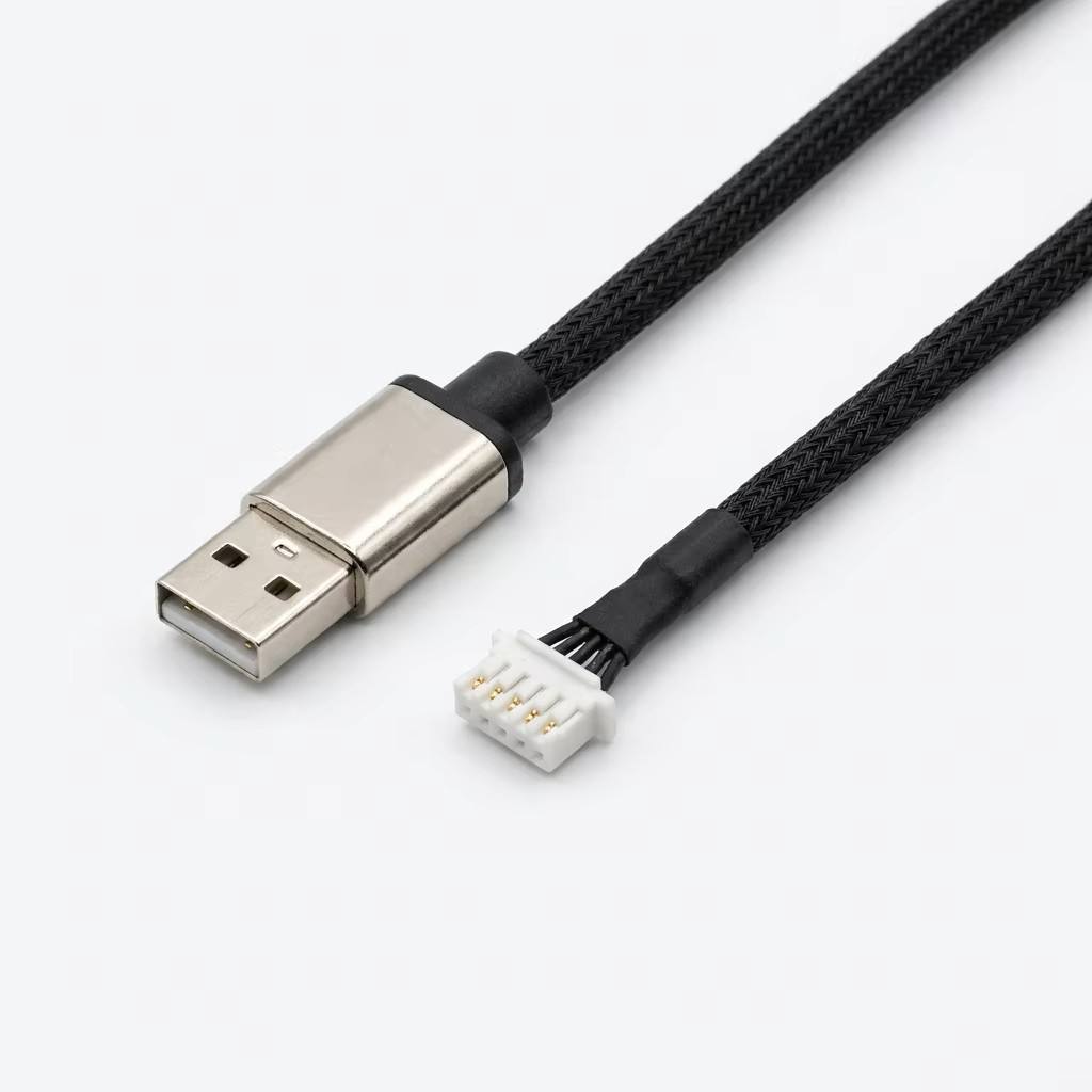 Schwarzes umflochtenes Kabel mit einem USB-A-Stecker und einem weißen PH-Steckverbinder