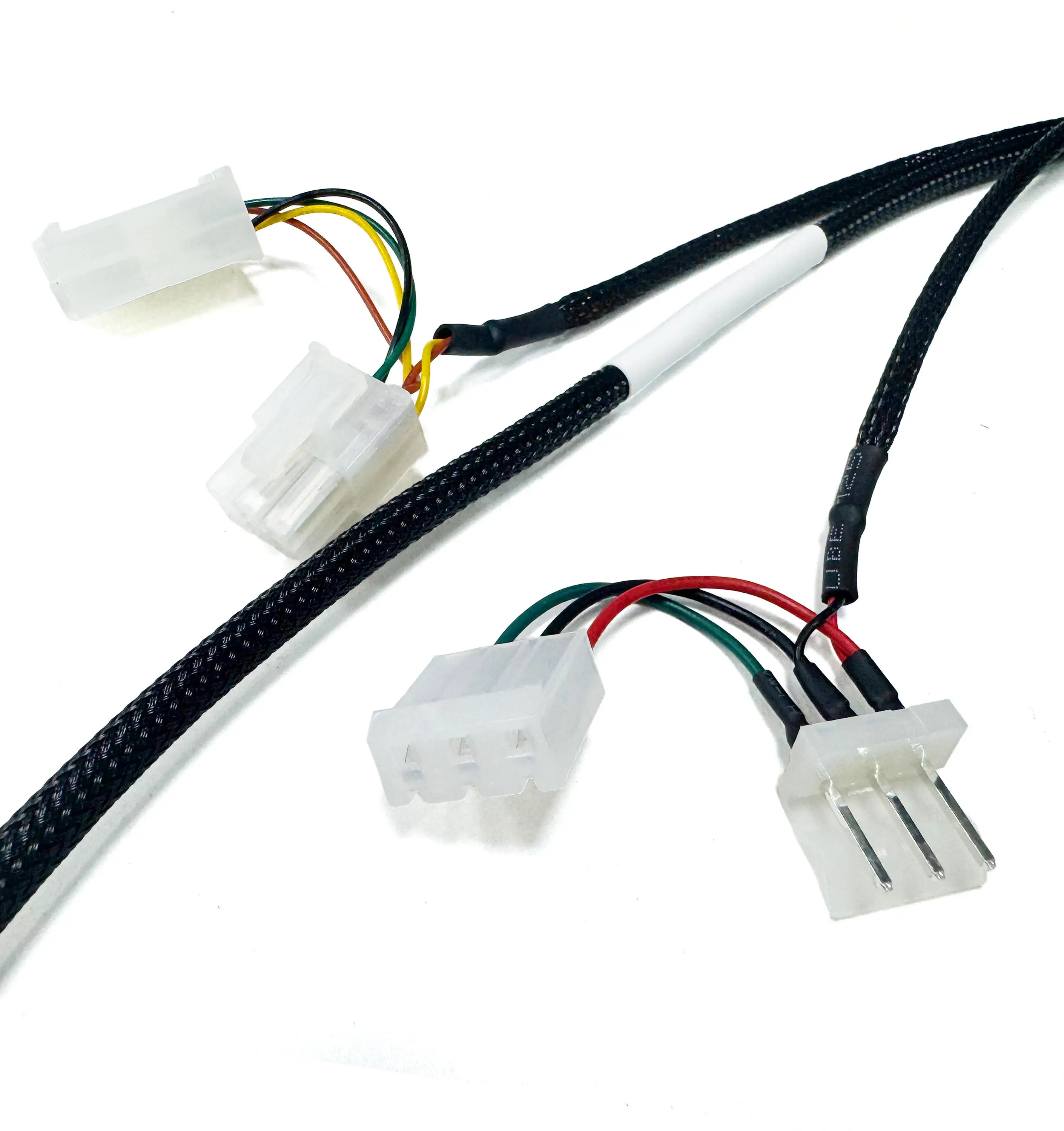 Branched cable harness with white connector housings, braided sleeve and protected breakouts